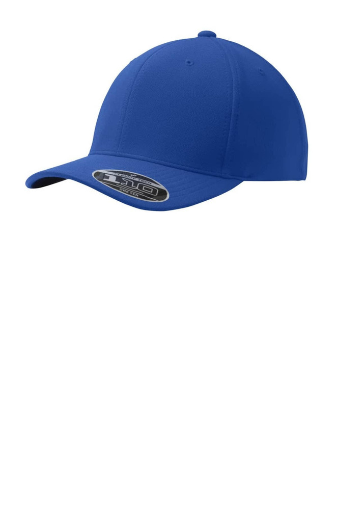 A blue cap featuring a structured design and a curved brim, with a branding logo on the front.
