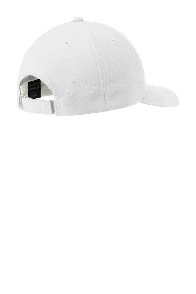 A white cap with a curved brim and adjustable strap at the back, featuring a logo.