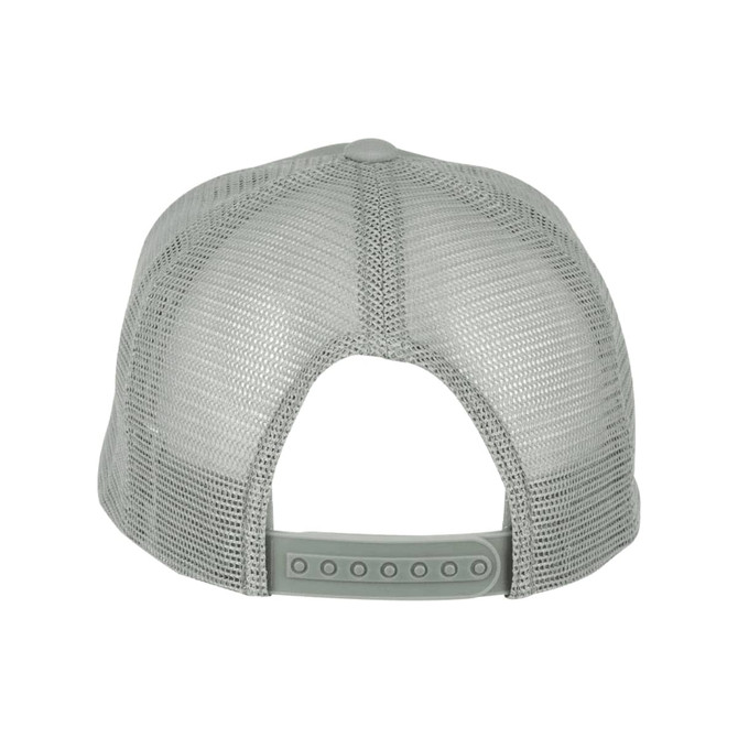 A light grey trucker cap featuring a mesh back and adjustable strap. Includes a logo on the exterior.