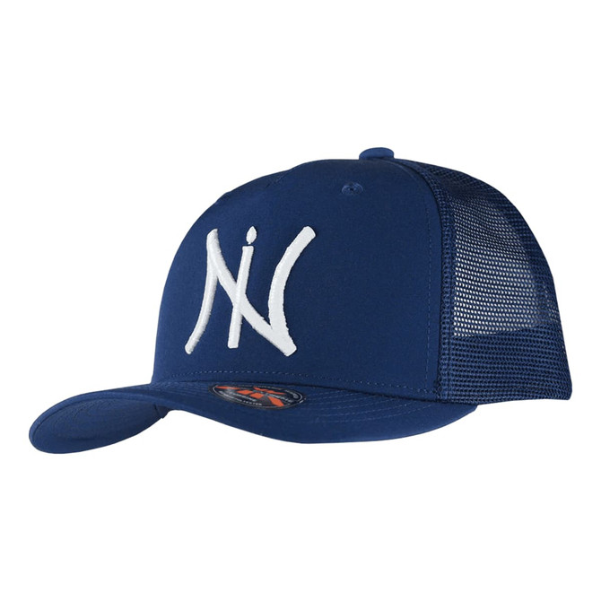 A blue trucker cap with a mesh back and a logo featuring stylised letters in white.