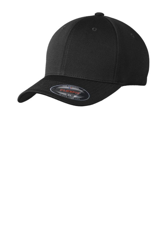 A black Sport-Tek Flexfit Cool & Dry Poly Block Mesh Cap featuring a curved visor and a logo on the side.