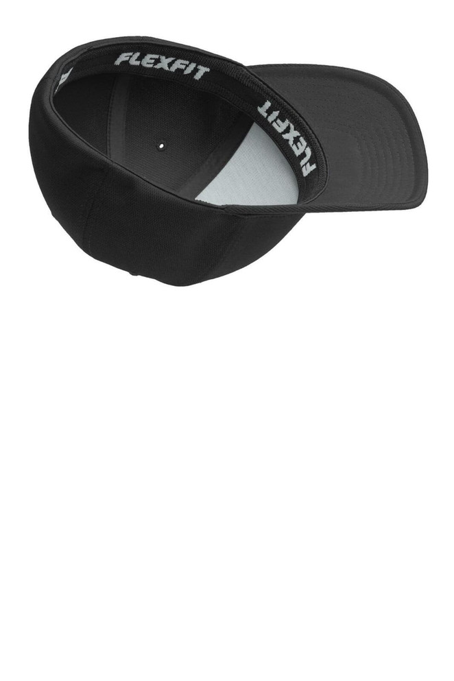 A black Sport-Tek Flexfit Cool & Dry Poly Block Mesh Cap showcasing the inside view with a branded interior.
