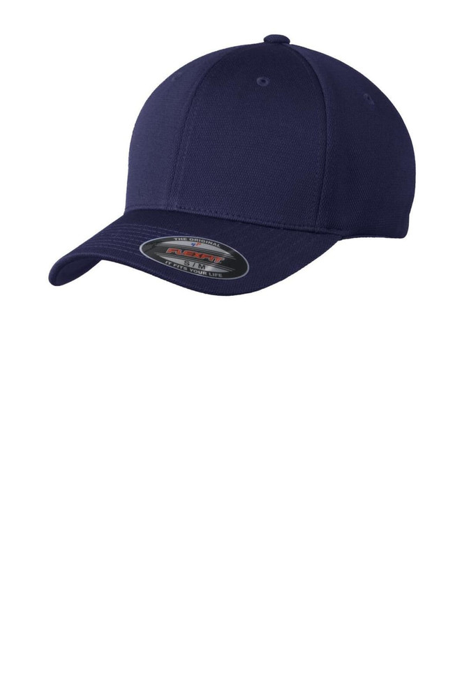 A navy blue cap with a rounded crown and a curved brim, featuring a logo on the side.