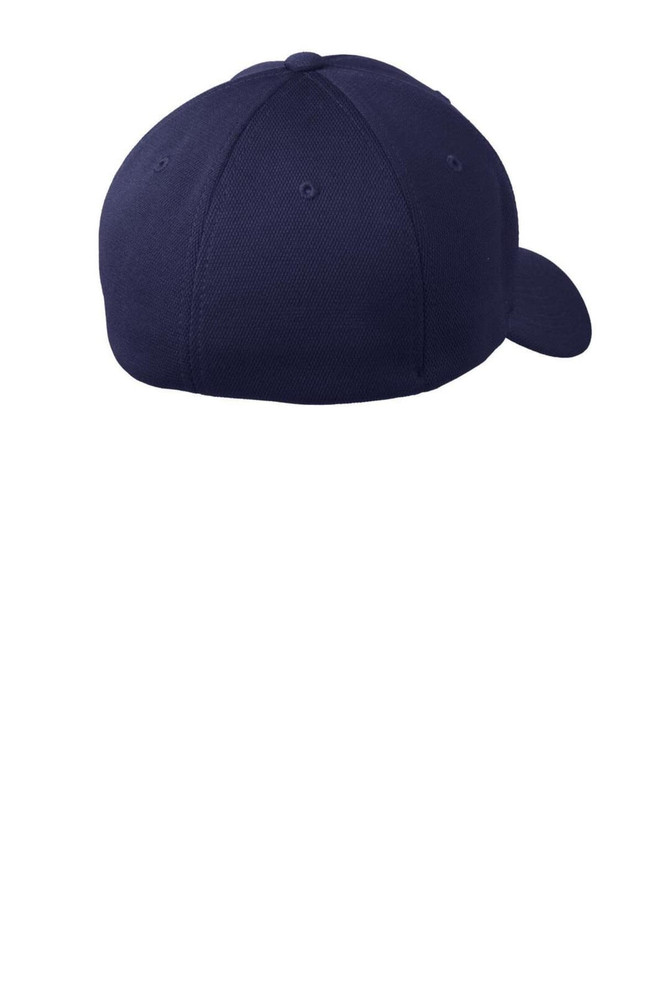 A navy blue cap with a curved brim and a structured back. It features a logo on the side.