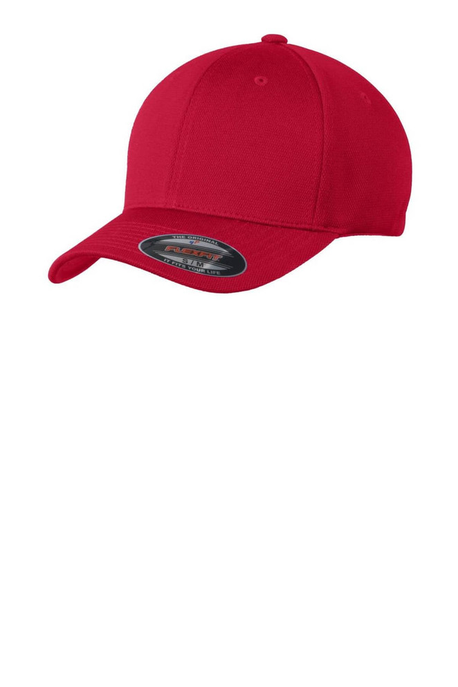 A red cap with a rounded crown and curved brim, featuring a logo on the side.