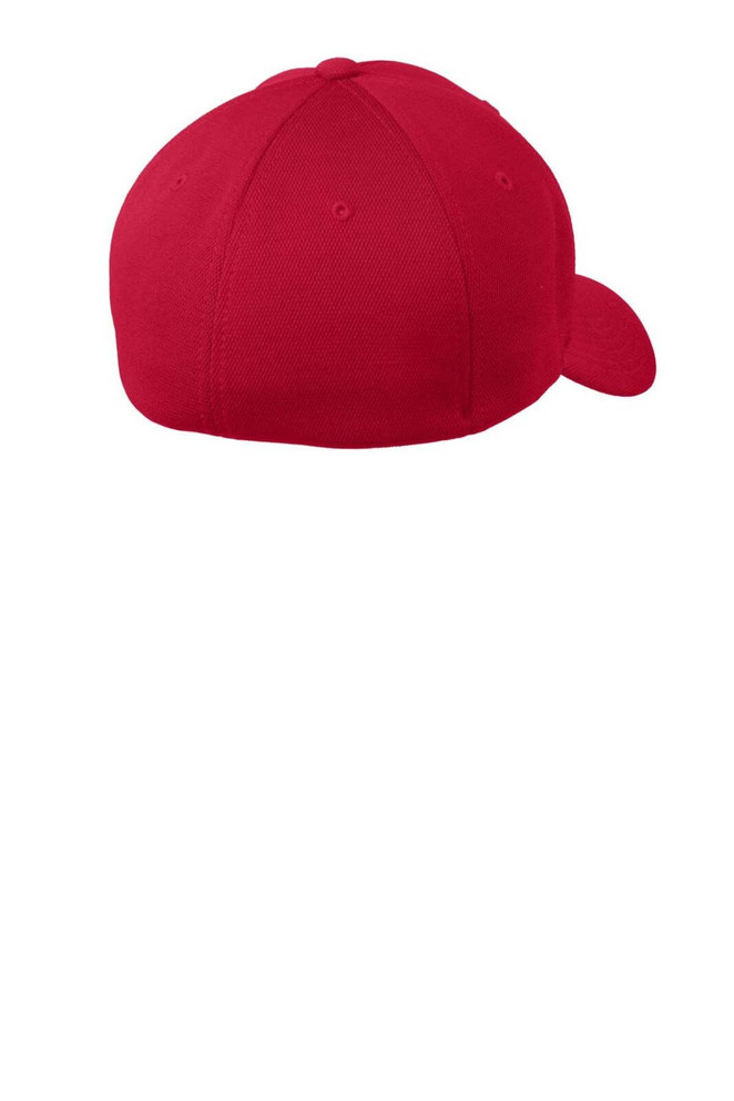 A red cap with a structured shape and a curved brim, featuring an adjustable back.