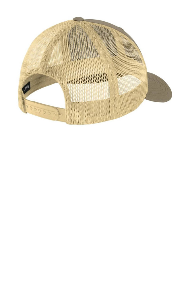 A beige retro trucker cap featuring a mesh back and an adjustable snap closure. It has a logo on the side.