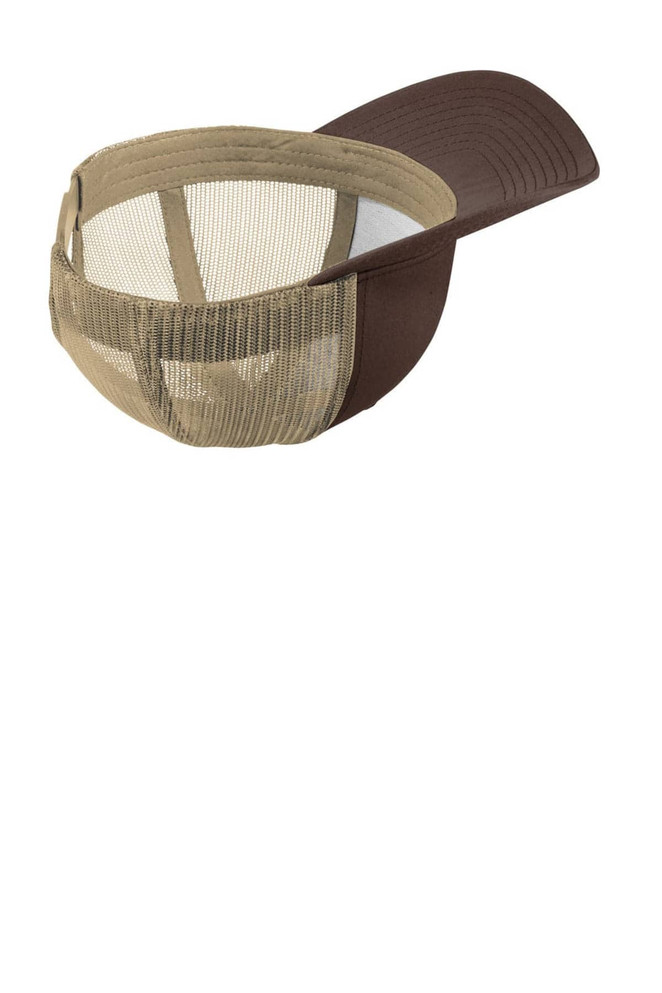 A brown and khaki trucker cap featuring a mesh back and a curved brim, with a logo on the front.