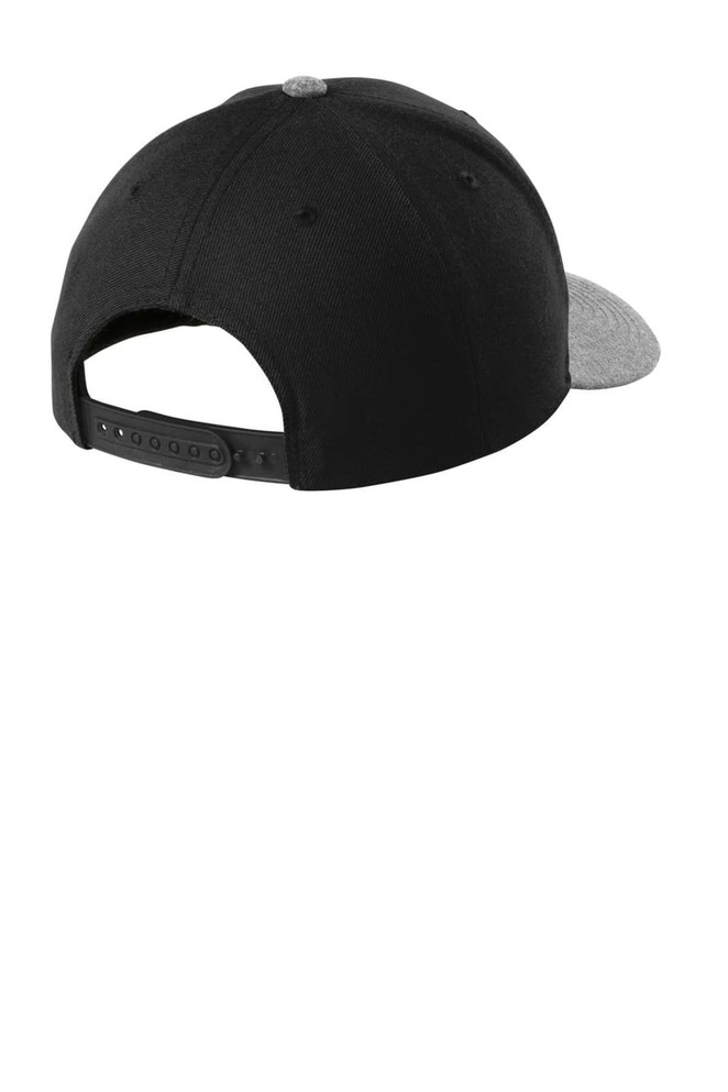 A black snapback cap featuring a grey curved bill and an adjustable strap at the back. It has a logo on the side.