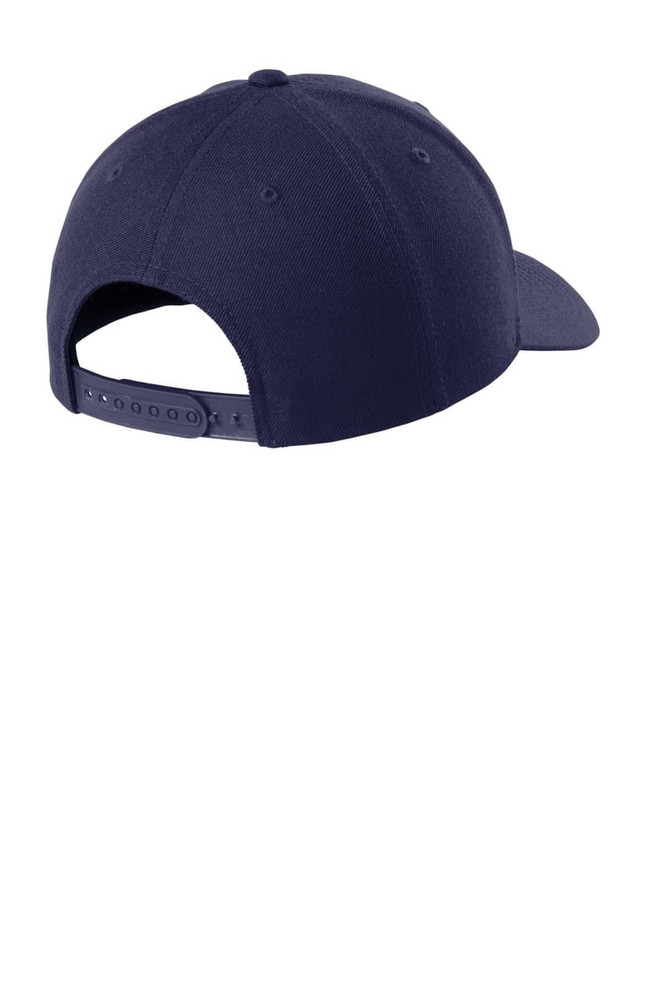 A navy blue snapback cap with a curved bill and an adjustable strap at the back. Features a logo.