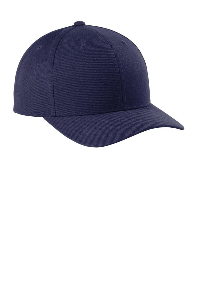 A navy blue snapback cap featuring a curved bill and a logo on the front.