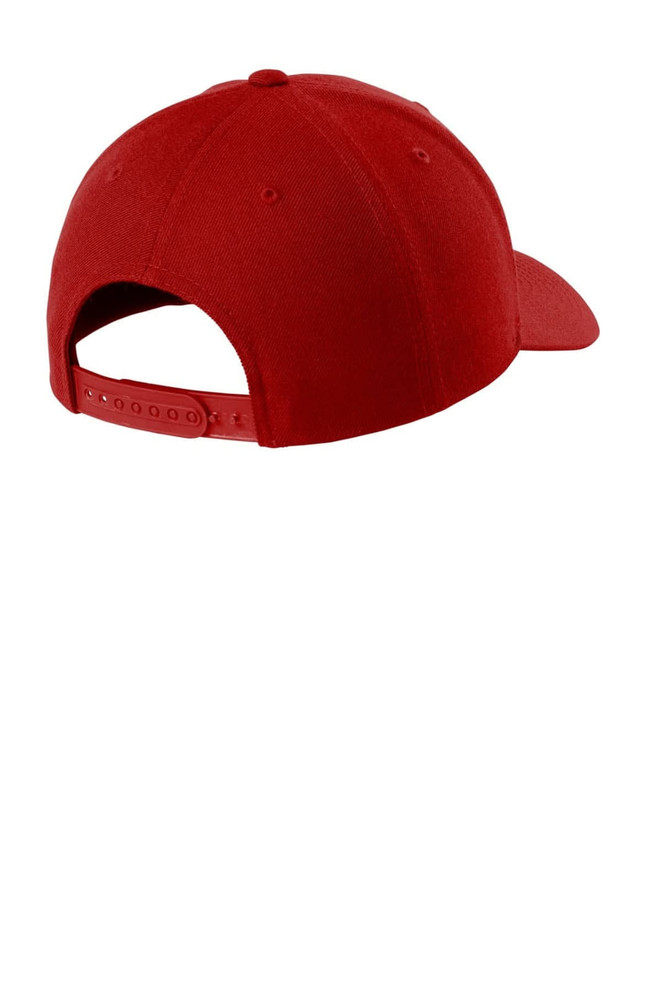A red snapback cap with a curved bill and an adjustable strap at the back, featuring a logo.