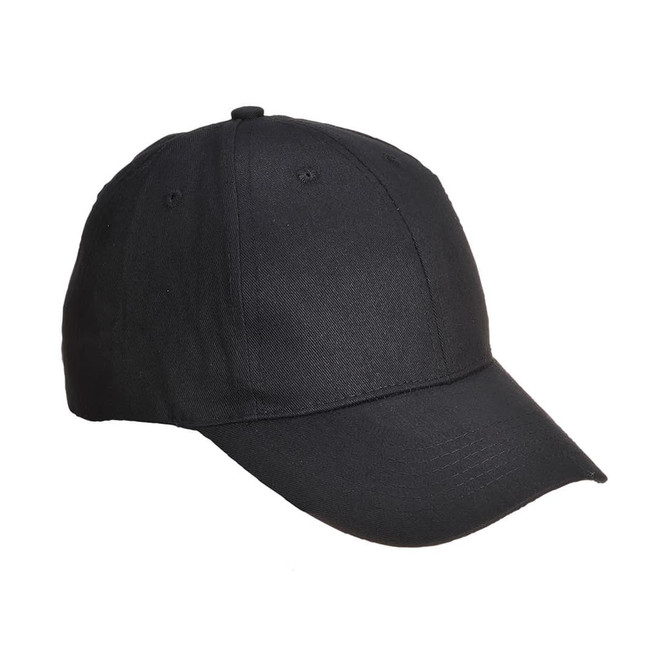 A black six-panel baseball cap with a curved brim and an adjustable strap at the back. It features a logo.