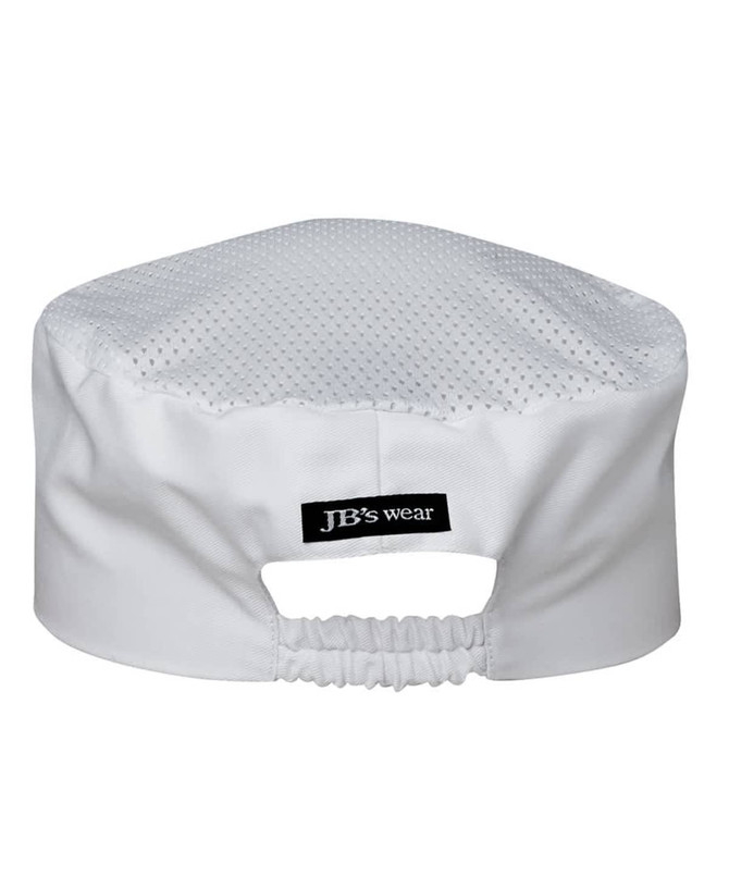 A white chef's vented cap with a mesh back and an elastic adjustment. Features a branded label.