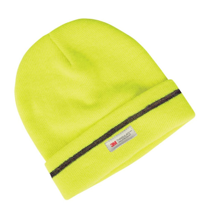 A lime green reflective beanie with a folded brim and a branding label.