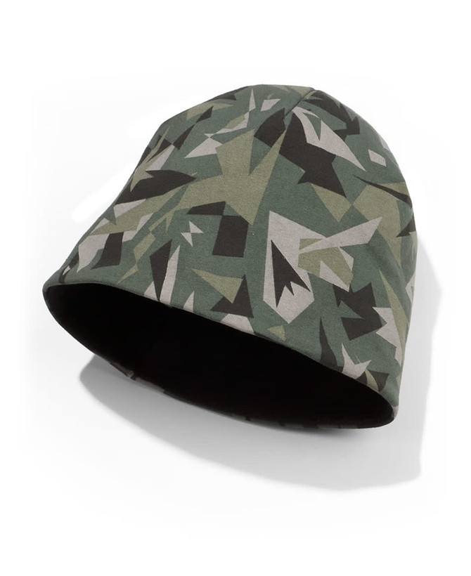A green and grey camo patterned knitted beanie with a smooth inner lining and a logo.