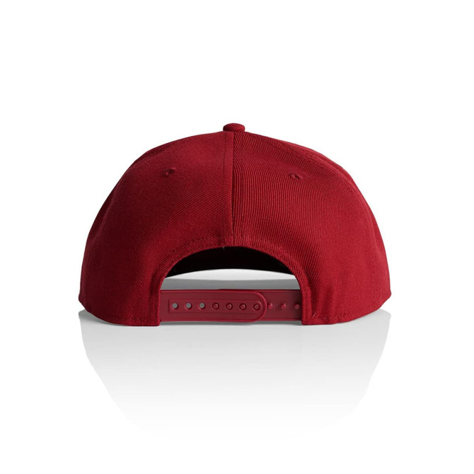 A red cap with an adjustable strap at the back and a logo on the side.