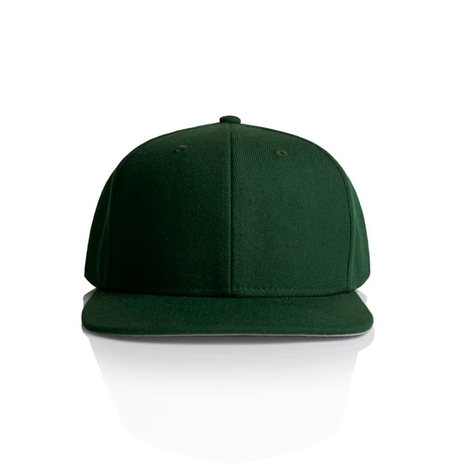A green cap with a flat brim and a logo on the front. The cap has a structured design.