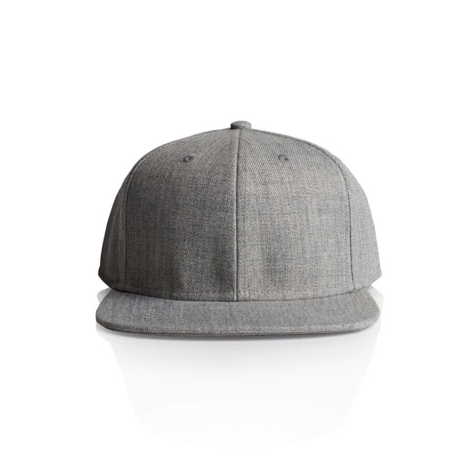 A grey cap with a flat brim and a logo on the front, designed for headwear.