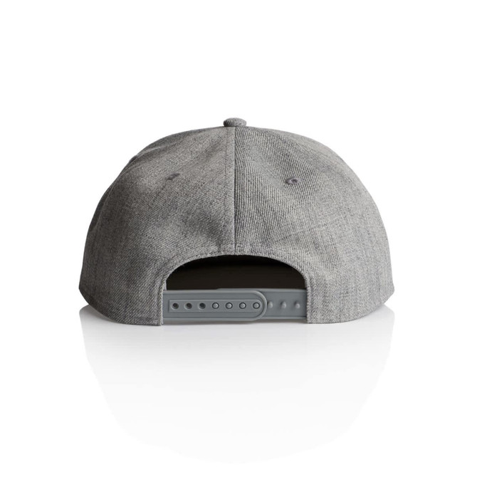 A grey cap featuring a snapback closure and a logo on the back. The texture appears fabric-like.