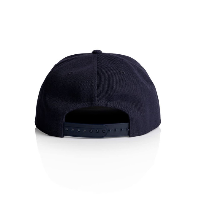 A navy blue cap featuring an adjustable strap and a plain back view with a logo present.