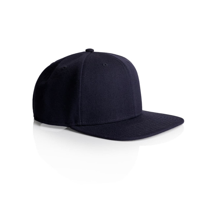 A navy blue cap with a flat brim and a structured crown, featuring a logo on the front.