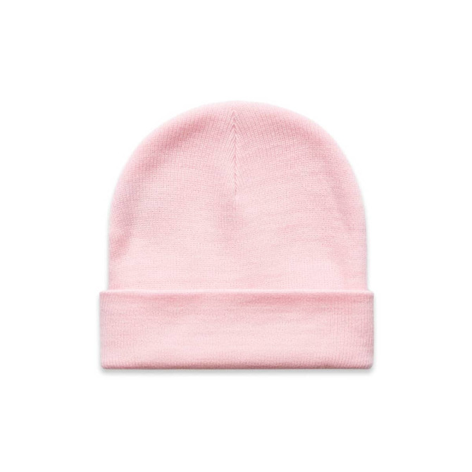 A pink Cuff Beanie with a folded cuff and a smooth texture. Features a subtle logo.