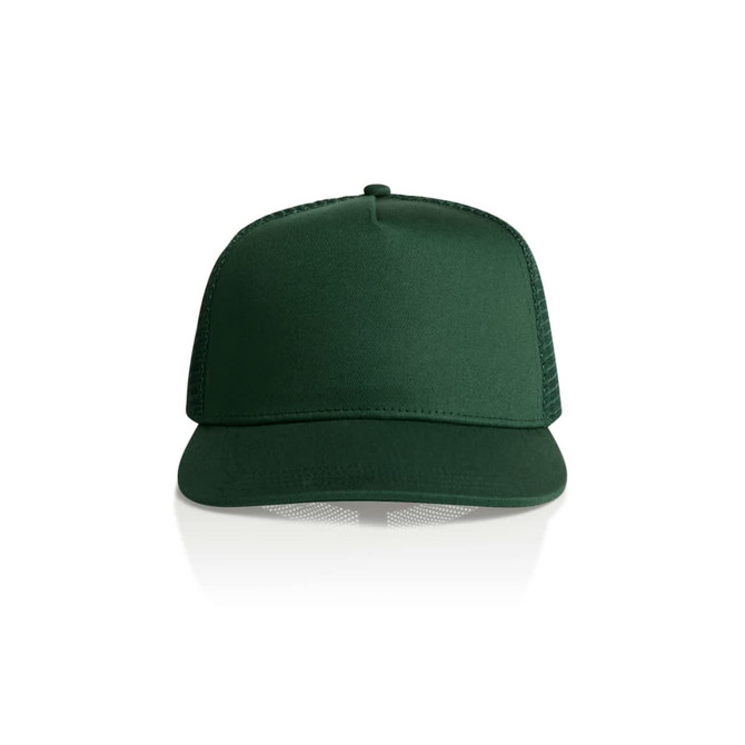 A green trucker cap with a solid front and mesh back, featuring a branded logo.