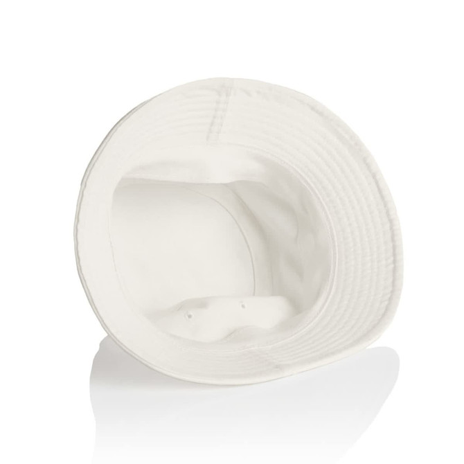 A white bucket hat featuring a wide brim and an inner lining, with ventilation holes and a logo.