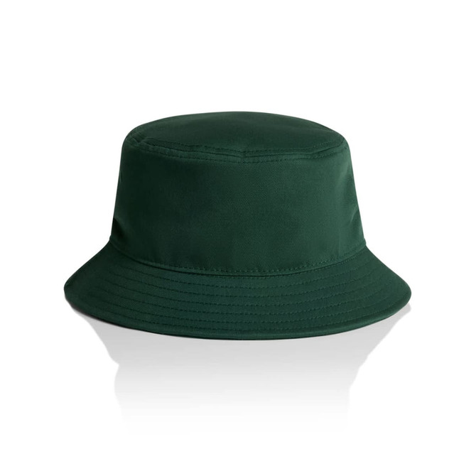 A green bucket hat with a wide brim, featuring a simple design and a logo.
