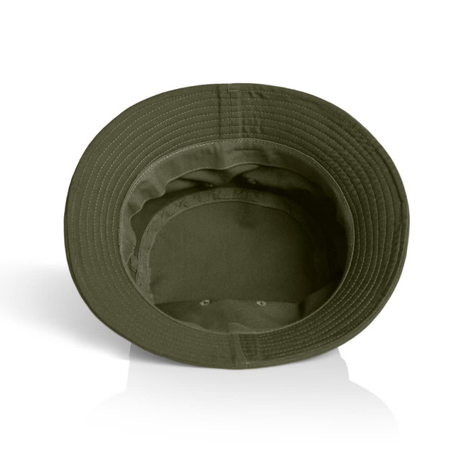 An olive green bucket hat with a wide brim and an inner lining, featuring a logo inside.