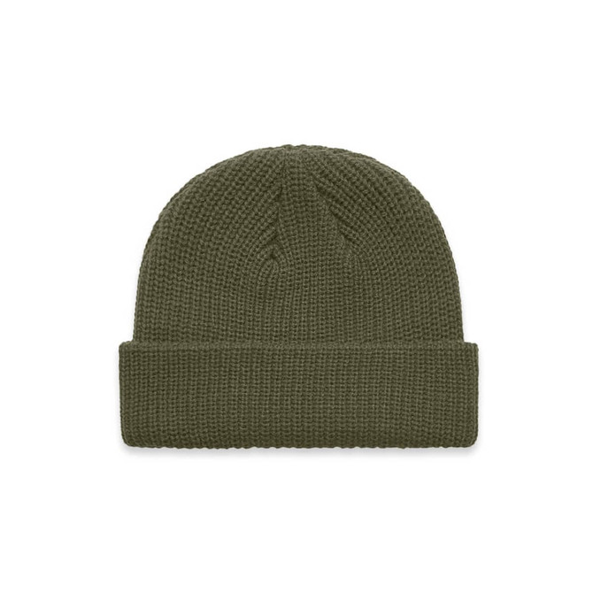 A green knitted beanie with a folded cuff and a textured pattern, featuring a logo on the side.