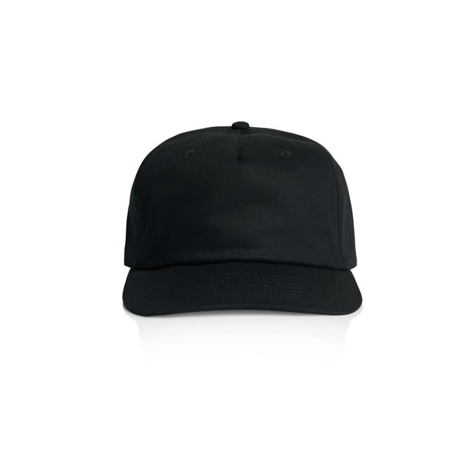 A black five-panel cap with a structured design and a front logo.