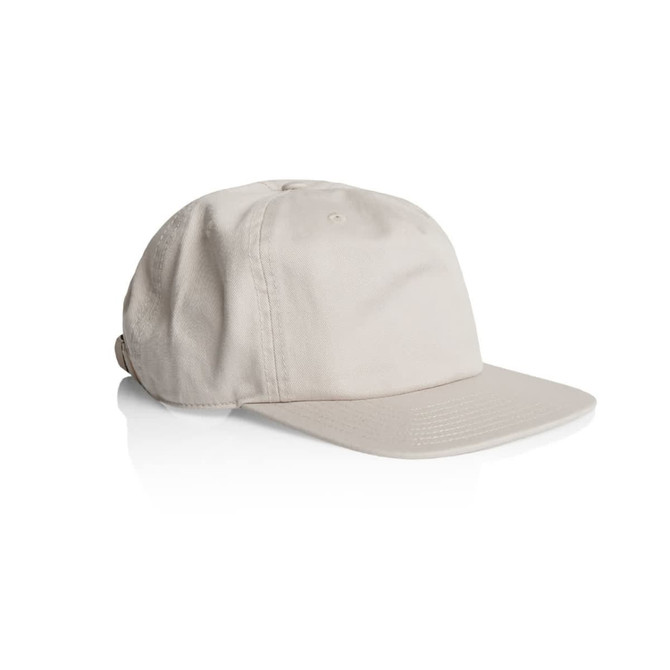 A beige five-panel cap with a flat brim and a logo on the side.