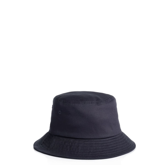 A dark navy bucket hat with a wide brim and a textured finish, featuring a small logo.