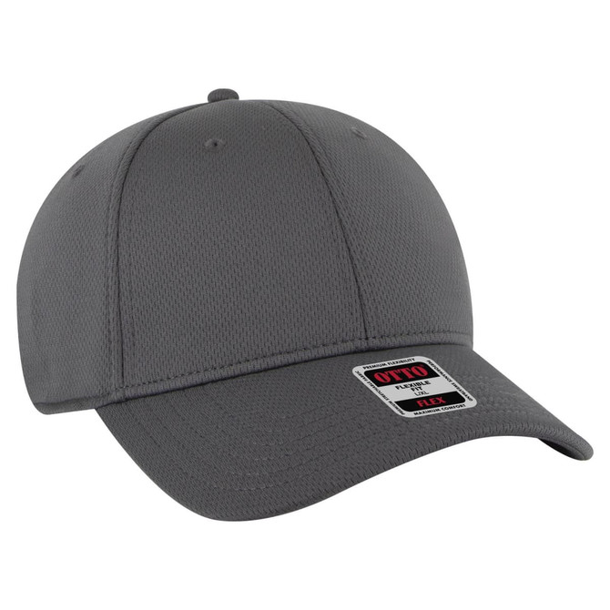A grey 6 panel low profile baseball cap with a logo on the front and a curved brim.