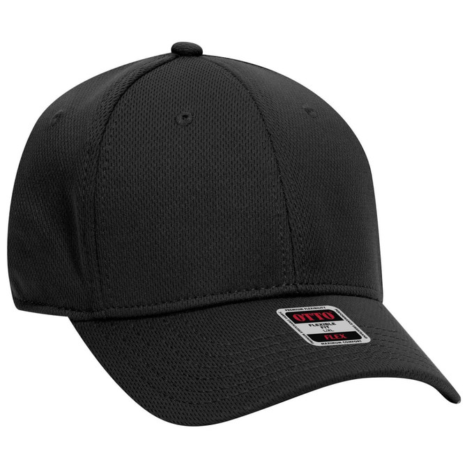 A black 6 panel low profile baseball cap with a logo on the front and a curved brim.