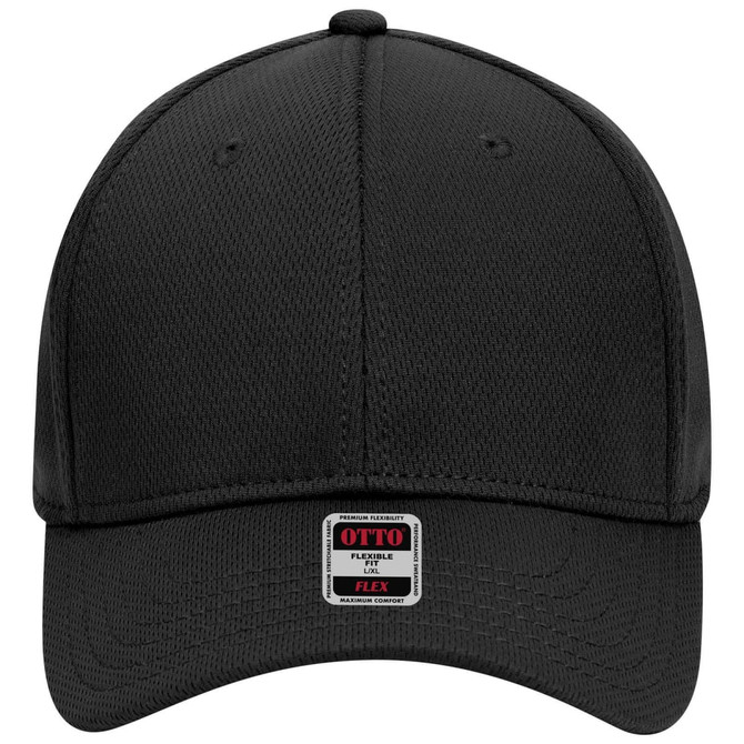 A black 6 panel low profile baseball cap with a branded label at the front.
