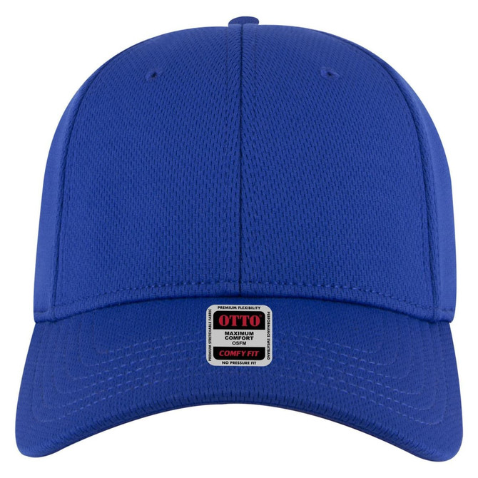 A blue low-profile baseball cap with a six-panel design and a branded label.