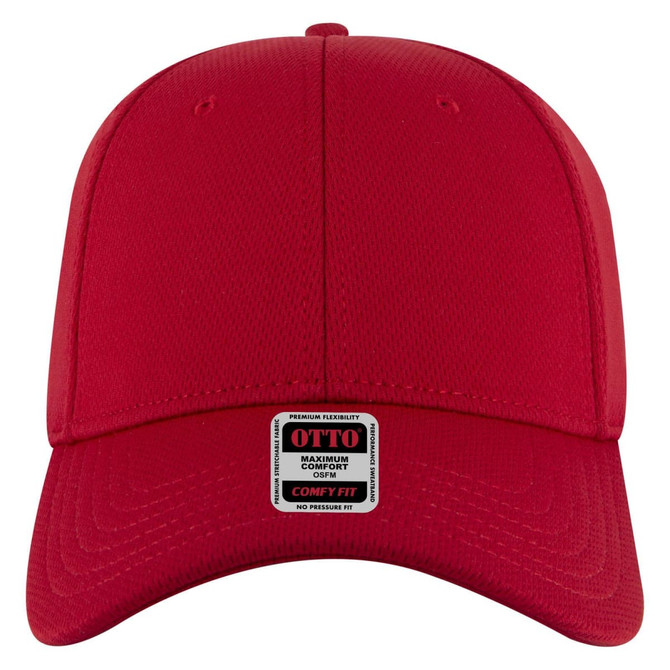 A red low profile baseball cap featuring a logo on the front and a comfortable fit design.