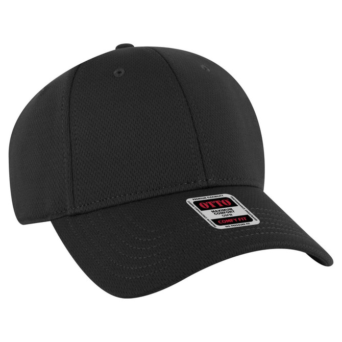 A black low-profile baseball cap with a six-panel design and a logo on the front.
