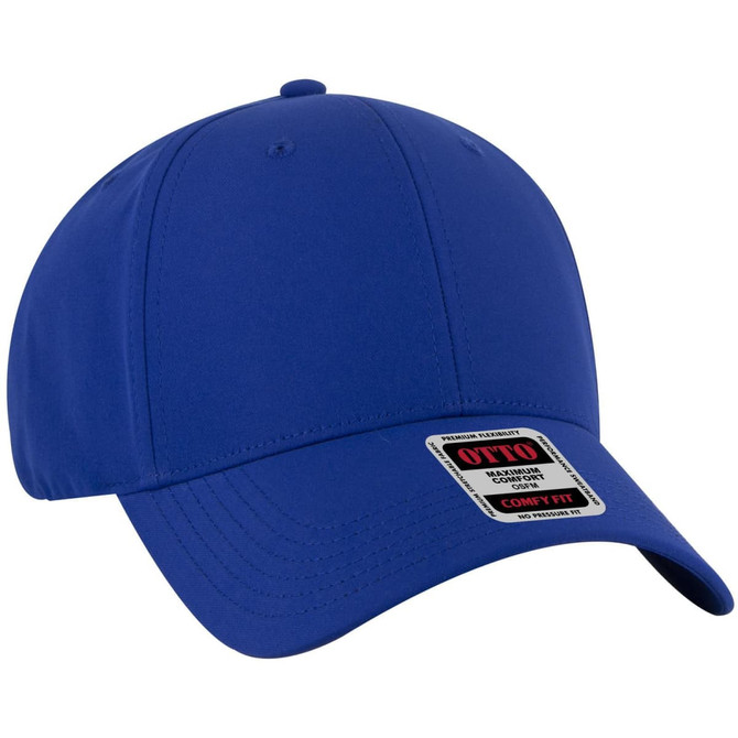 A blue low-profile baseball cap with six panels and a logo on the front.
