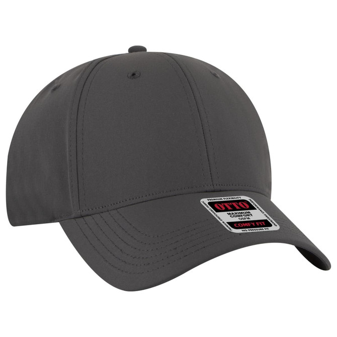 A grey low-profile baseball cap with six panels and a logo on the front.