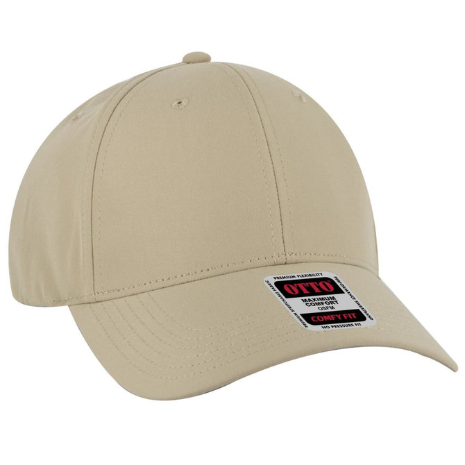A beige low profile baseball cap with a six-panel design and a logo on the front.