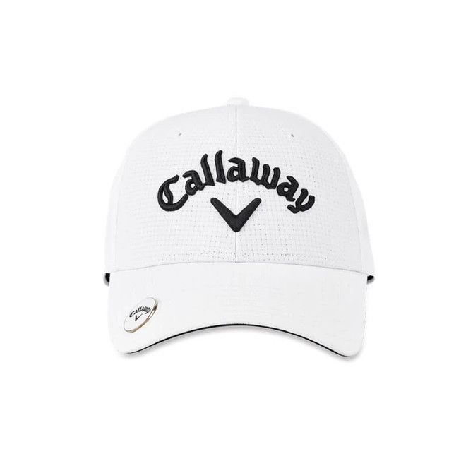 A white cap featuring a logo and black lettering, suitable for headwear.