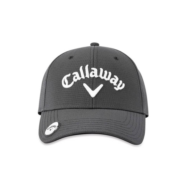 A grey cap with a white logo and branding, featuring a structured design and curved brim.