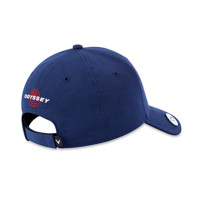 A navy cap with a logo on the back, featuring a fitted design and an adjustable strap.