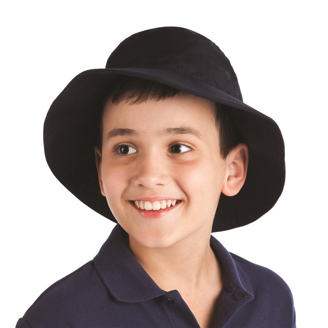 A black Poly Viscose bucket hat worn by a smiling boy, featuring a logo on the side.