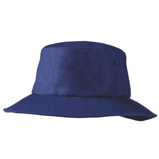 A blue Poly Viscose bucket hat with a wide brim and a logo. Suitable for casual headwear.
