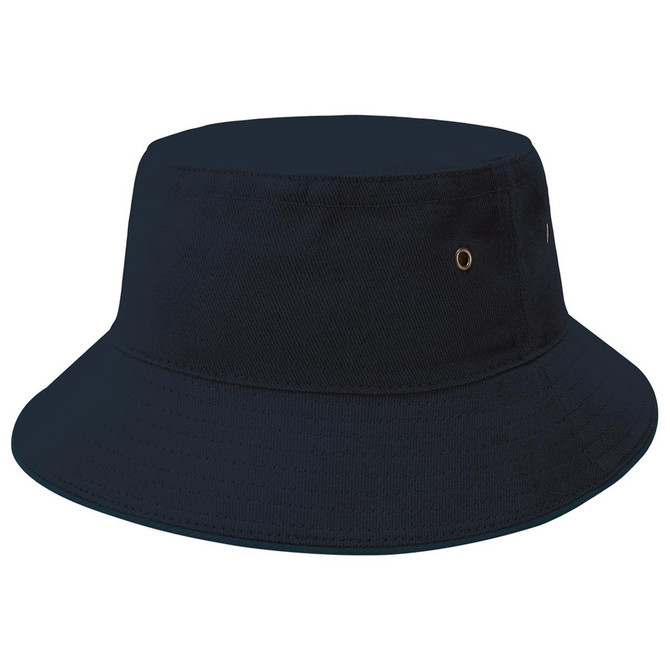 A dark navy bucket hat featuring a wide brim and a logo on the side.